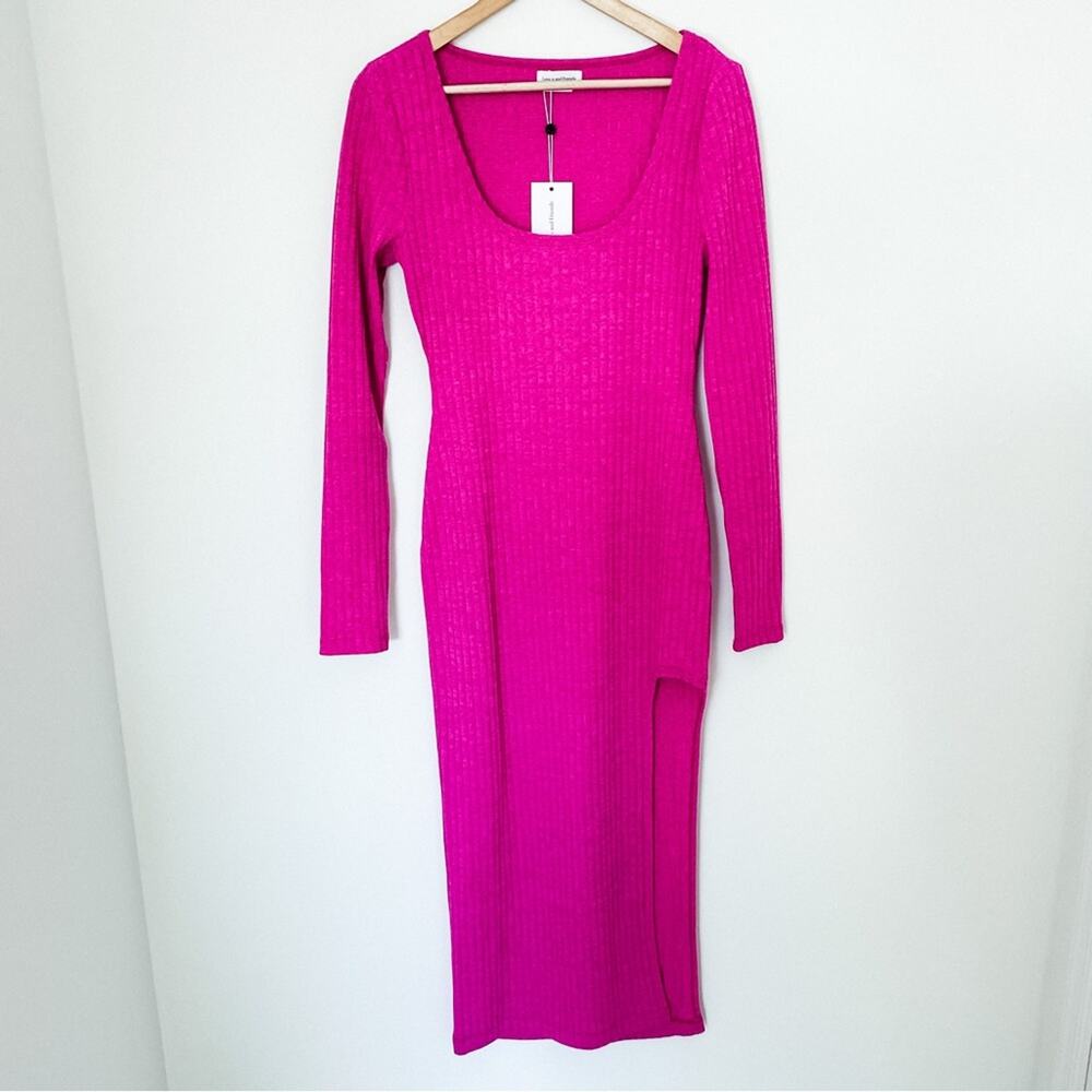 NWT Lovers + Friends Naomi Raspberry Pink Ribbed Long Sleeve Midi Dress - Picture 2 of 6